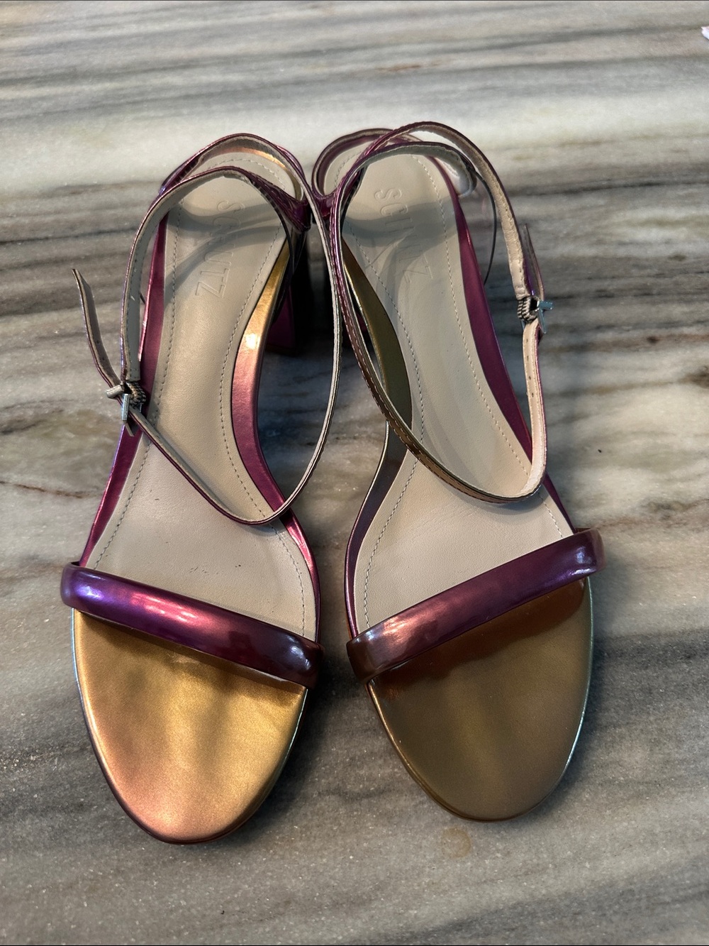 NWT SCHUTZ METALLIC BLOCK HEEL SANDALS SIZE  7.5